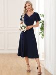 Short Flutter Sleeve V-Neck Midi Mother of the Bride Dress - Navy Blue