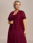 Plus Size Square Neckline A-Line Chiffon Mother of the Bride Dress with Lace Cardigan – Burgundy