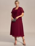 Plus Size Square Neckline A-Line Chiffon Mother of the Bride Dress with Lace Cardigan – Burgundy