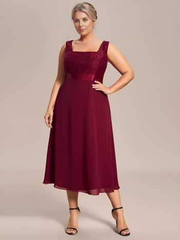 Plus Size Square Neckline A-Line Chiffon Mother of the Bride Dress with Lace Cardigan - Burgundy