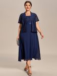 Plus Size Square Neckline A-Line Chiffon Mother of the Bride Dress with Lace Cardigan - Navy Blue