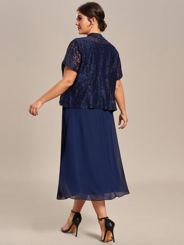 Plus Size Square Neckline A-Line Chiffon Mother of the Bride Dress with Lace Cardigan - Navy Blue