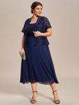 Plus Size Square Neckline A-Line Chiffon Mother of the Bride Dress with Lace Cardigan – Navy Blue