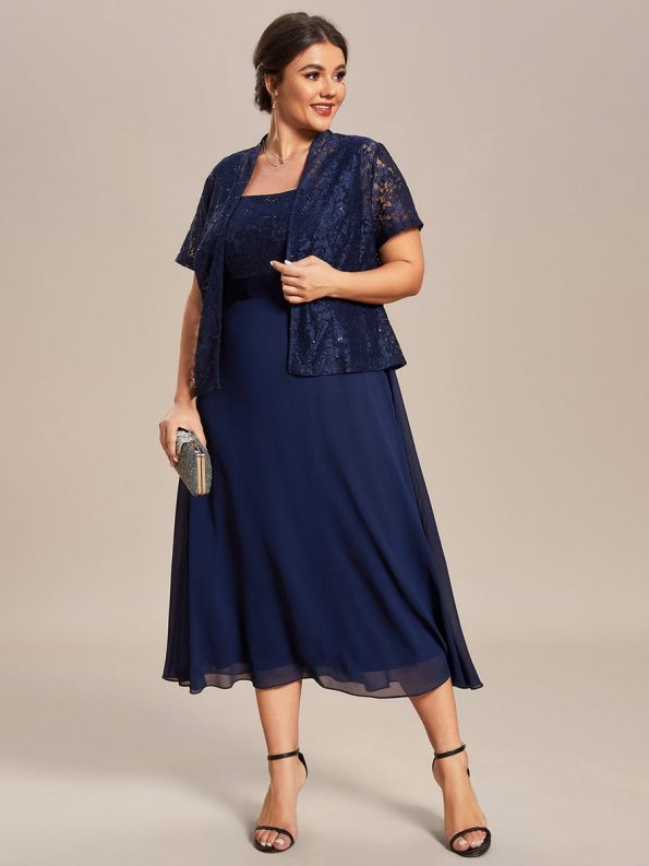 Plus Size Square Neckline A-Line Chiffon Mother of the Bride Dress with Lace Cardigan - Navy Blue