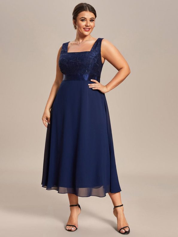 Plus Size Square Neckline A-Line Chiffon Mother of the Bride Dress with Lace Cardigan - Navy Blue