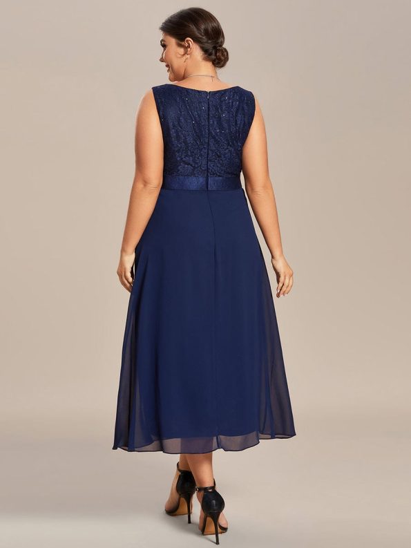 Plus Size Square Neckline A-Line Chiffon Mother of the Bride Dress with Lace Cardigan - Navy Blue