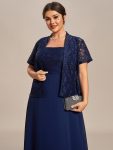 Plus Size Square Neckline A-Line Chiffon Mother of the Bride Dress with Lace Cardigan – Navy Blue