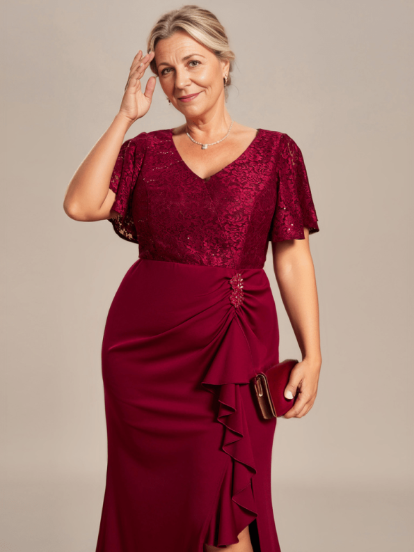 Plus Size Lotus Leaf Hemline Bodycon Lace Top Mother of the Bride Dress - Burgundy