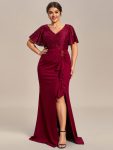 Plus Size Lotus Leaf Hemline Bodycon Lace Top Mother of the Bride Dress – Burgundy