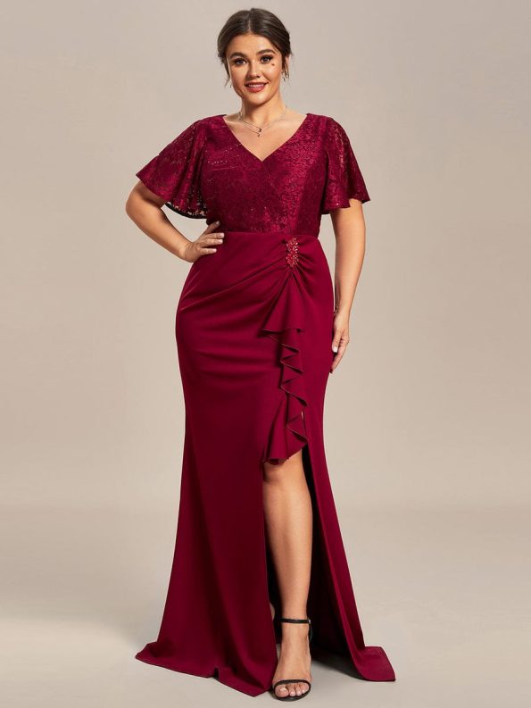 Plus Size Lotus Leaf Hemline Bodycon Lace Top Mother of the Bride Dress - Burgundy