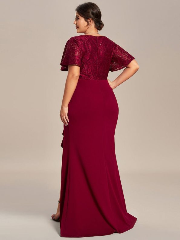 Plus Size Lotus Leaf Hemline Bodycon Lace Top Mother of the Bride Dress - Burgundy