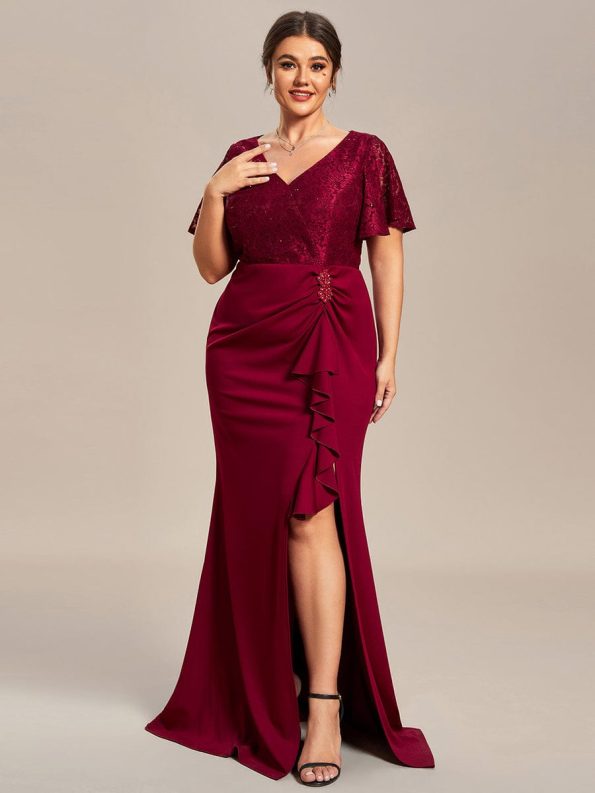 Plus Size Lotus Leaf Hemline Bodycon Lace Top Mother of the Bride Dress - Burgundy