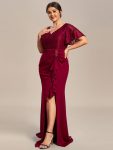 Plus Size Lotus Leaf Hemline Bodycon Lace Top Mother of the Bride Dress – Burgundy