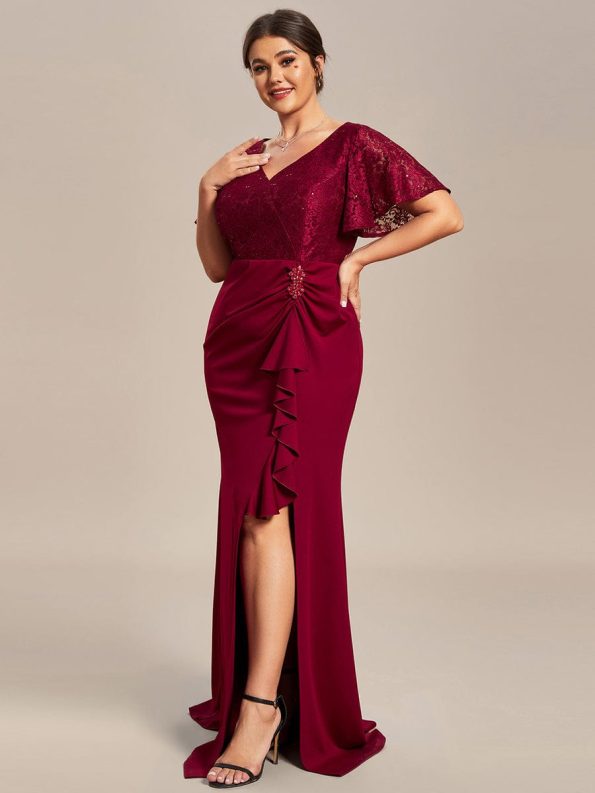 Plus Size Lotus Leaf Hemline Bodycon Lace Top Mother of the Bride Dress - Burgundy