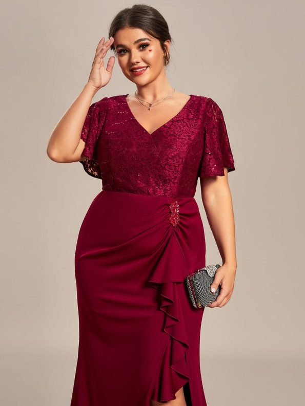 Plus Size Lotus Leaf Hemline Bodycon Lace Top Mother of the Bride Dress - Burgundy