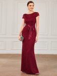 Short Sleeve Ribbon Waist Bodycon Mother of the Bride Dress – Burgundy