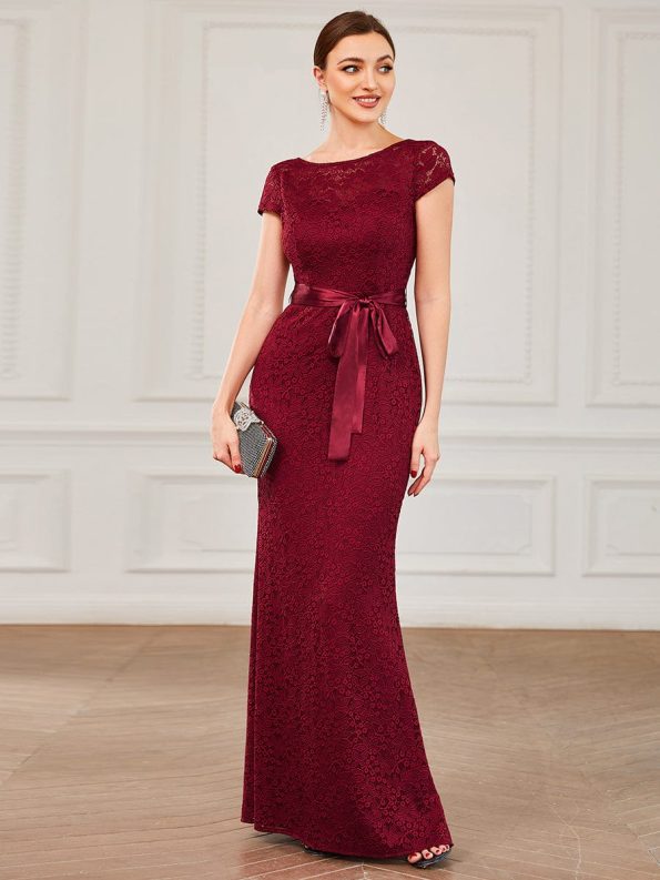 Short Sleeve Ribbon Waist Bodycon Mother of the Bride Dress - Burgundy