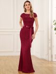 Short Sleeve Ribbon Waist Bodycon Mother of the Bride Dress – Burgundy