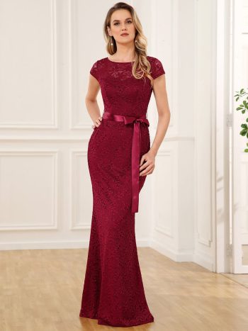 Short Sleeve Ribbon Waist Bodycon Mother of the Bride Dress - Burgundy