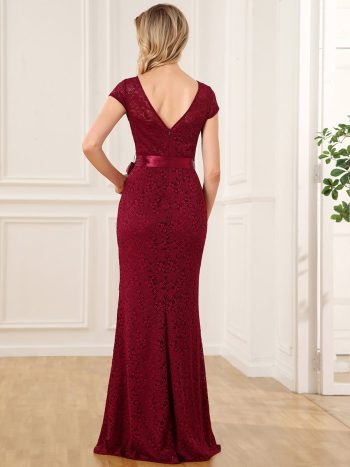 Short Sleeve Ribbon Waist Bodycon Mother of the Bride Dress - Burgundy