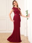 Short Sleeve Ribbon Waist Bodycon Mother of the Bride Dress – Burgundy