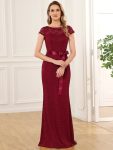 Short Sleeve Ribbon Waist Bodycon Mother of the Bride Dress – Burgundy