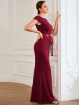 Short Sleeve Ribbon Waist Bodycon Mother of the Bride Dress – Burgundy