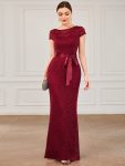 Short Sleeve Ribbon Waist Bodycon Mother of the Bride Dress – Burgundy