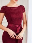 Short Sleeve Ribbon Waist Bodycon Mother of the Bride Dress – Burgundy