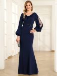 Lantern Sleeve Cowl Neck Knitting Mother of the Bride Dress – Navy Blue