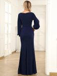 Lantern Sleeve Cowl Neck Knitting Mother of the Bride Dress – Navy Blue