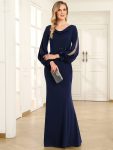 Lantern Sleeve Cowl Neck Knitting Mother of the Bride Dress – Navy Blue