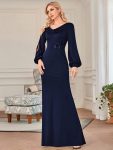 Lantern Sleeve Cowl Neck Knitting Mother of the Bride Dress – Navy Blue