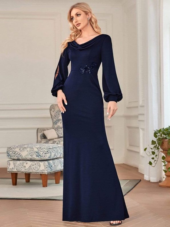 Lantern Sleeve Cowl Neck Knitting Mother of the Bride Dress - Navy Blue