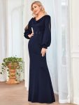 Lantern Sleeve Cowl Neck Knitting Mother of the Bride Dress – Navy Blue