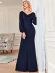 Lantern Sleeve Cowl Neck Knitting Mother of the Bride Dress – Navy Blue