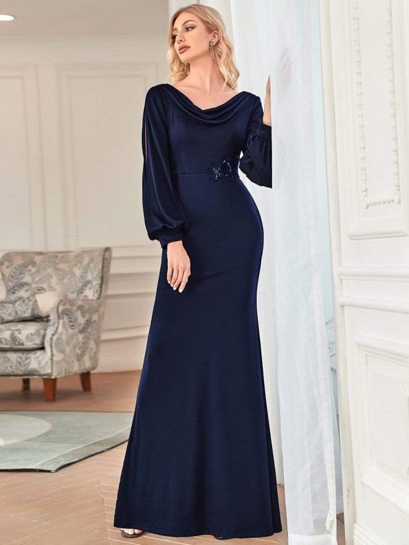 Lantern Sleeve Cowl Neck Knitting Mother of the Bride Dress - Navy Blue