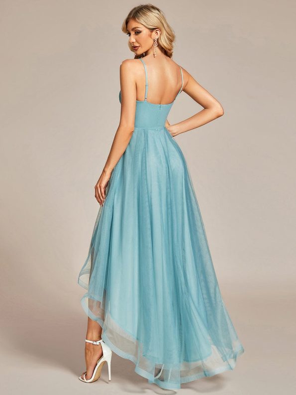 Stylish Floral Embroidered Waist High-Low Prom Dress - Dusty Blue