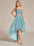 Stylish Floral Embroidered Waist High-Low Prom Dress – Dusty Blue