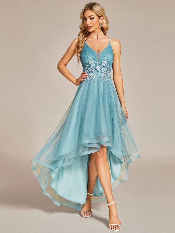 Stylish Floral Embroidered Waist High-Low Prom Dress - Dusty Blue