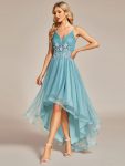 Stylish Floral Embroidered Waist High-Low Prom Dress – Dusty Blue