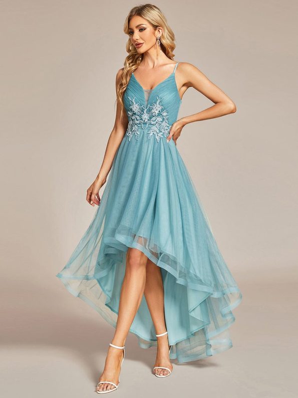 Stylish Floral Embroidered Waist High-Low Prom Dress - Dusty Blue