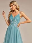 Stylish Floral Embroidered Waist High-Low Prom Dress – Dusty Blue