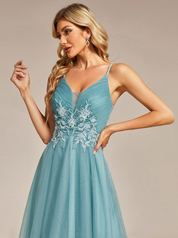 Stylish Floral Embroidered Waist High-Low Prom Dress - Dusty Blue