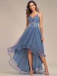 Stylish Floral Embroidered Waist High-Low Prom Dress – Dusty Navy