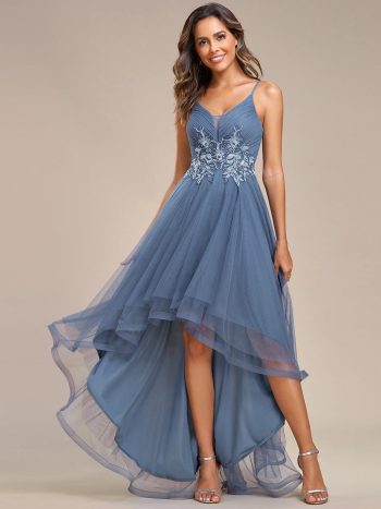 Stylish Floral Embroidered Waist High-Low Prom Dress - Dusty Navy