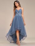 Stylish Floral Embroidered Waist High-Low Prom Dress – Dusty Navy