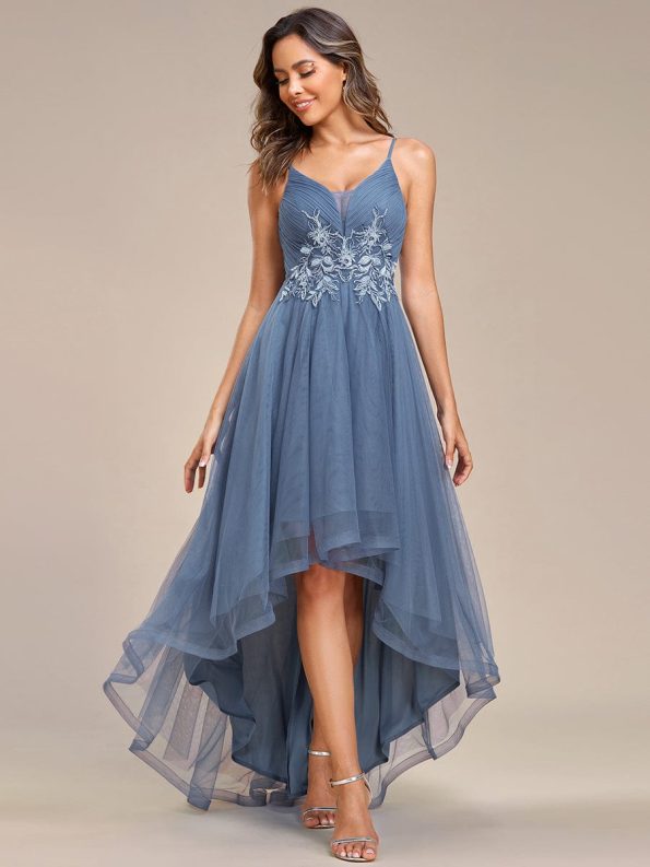 Stylish Floral Embroidered Waist High-Low Prom Dress - Dusty Navy