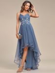 Stylish Floral Embroidered Waist High-Low Prom Dress – Dusty Navy