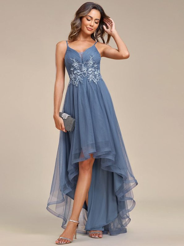 Stylish Floral Embroidered Waist High-Low Prom Dress - Dusty Navy